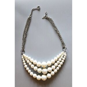 Vintage NY Chunky Multistrand Graduated Faux Pearls Necklace Silver Tone Career
